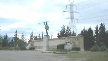 The modern Monument to those who fell and Leonidas in particular. Notice the juxtaposition of the power lines which were added later